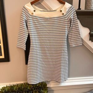 Heidi Klein Blue & Cream Striped Boat Neck 3/4 Sleeve Mini Dress sz 1 or S EUC